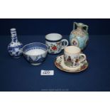A small quantity of china including Imari style cup, blue and white tea bowl, small Dresden vase,