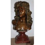 A Deco Bronze portrait sculpture of a Bust of a girl on a red marble socle, signed H.