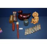 A quantity of oriental items including figure of a boy, brush and cover, scroll, ink/paint blocks,