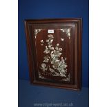 An oriental wooden Panel with mother of pearl inlay,