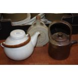 Two Studio teapots and a flask