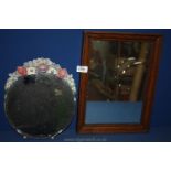 A small Oak framed mirror and a circular Barbola mirror