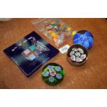 A Murano glass Dish and glass sweets with three fancy glass Paperweights including Caithness