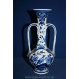 A Delft two handled Vase with blue pattern,