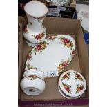 Four pieces of Royal Albert 'Old Country Roses' including vase, 6 3/4'' tall, lidded trinket pot,