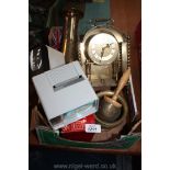 A quantity of miscellanea including a 'Koma' brass clock having Roman numeral face,