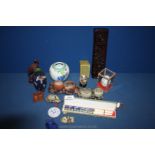 A box of Chinese items, soapstone carvings including seven mini monkeys, boxed cloisonne chopsticks,