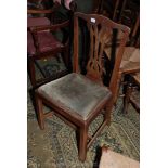 A Georgian Mahogany Dining Chair with pierced and fret cut splat back, green velvet drop in seat,