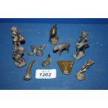Ten West African Akan or Ashanti Bronze and brass gold Weights including animals, birds, fish,