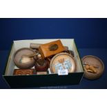 A box of small Treen items including cigar case, bowl, lidded boxes, etc.