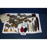 Miscellaneous coins, cut throat razor, pen knives, etc.