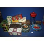 A box of old biscuit and sweet Tins and a Rowntree's Gums glass Jar.