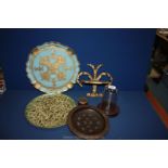 Two papier maché Trays one from Florence, Italy, wooden dish, matchstick holder,