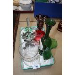 A quantity of coloured and clear glass including green bud vase and bell, red vase,