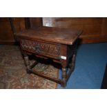 A good reproduction Oak Side Table having rectangular top over single carved front frieze drawer,
