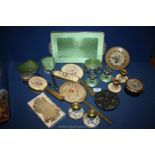 A Dressing Table Set including a pair of candlesticks, hair and clothes brush, mirror and clock,