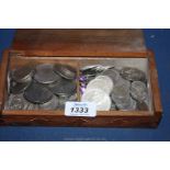 A wooden box of Coins including crowns, half crowns, sixpences,