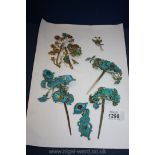 Miscellaneous Chinese Kingfisher feather Jewellery hair decorations in filigree yellow metal and