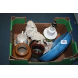 A quantity of pottery items including lamp base, goblet, pestle and mortar, blue bowl, etc.