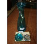 A blue Studio glass Carafe and two paperweights
