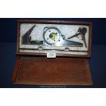 A vintage boxed Moore & Wright, Sheffield combination protractor, set square set.