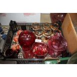 A quantity of red glass including cranberry cream jug (small chip), six ruby stemmed glasses,