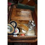 A basket of miscellaneous including jewellery box, hair brush sets, miniatures, etc.