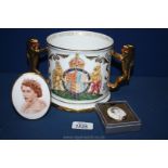 A Paragon two handled cup for the Queen Mother and two small plaques for Elizabeth II
