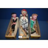 Three boxed Pelham Puppets including Witch, Milkmaid,