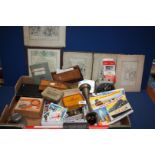 A quantity of miscellanea including empty cigarette card albums, dice, chess clock,