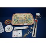 A box of miscellanea including fan, china, spoons, playing cards, etc.