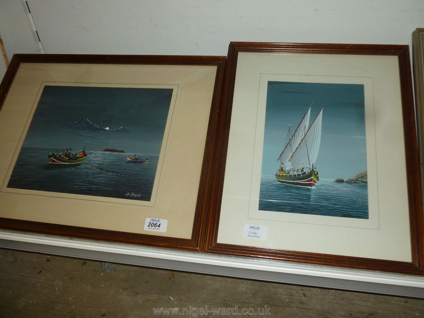 Two framed Gouache type pictures of boats net fishing by moon-light and boats returning under sail