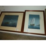 Two framed Gouache type pictures of boats net fishing by moon-light and boats returning under sail