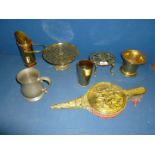 A quantity of brass including a pair of bellows, stemmed cake stand, small trivet, brass mortar,