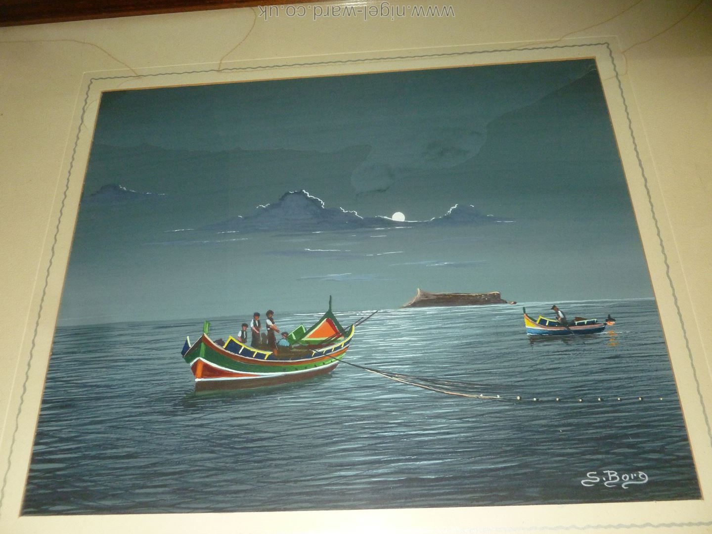 Two framed Gouache type pictures of boats net fishing by moon-light and boats returning under sail - Image 3 of 4