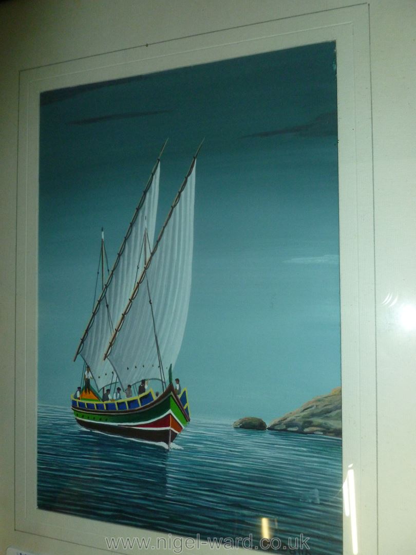 Two framed Gouache type pictures of boats net fishing by moon-light and boats returning under sail - Image 2 of 4