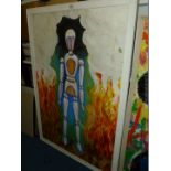 A large framed Painting of an Artist's Manakin surrounded by flames