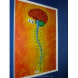 A large mid century framed surreal Abstract of brain creature