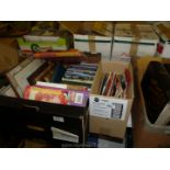 Three boxes of 45's, books, DVD's, picture frames,