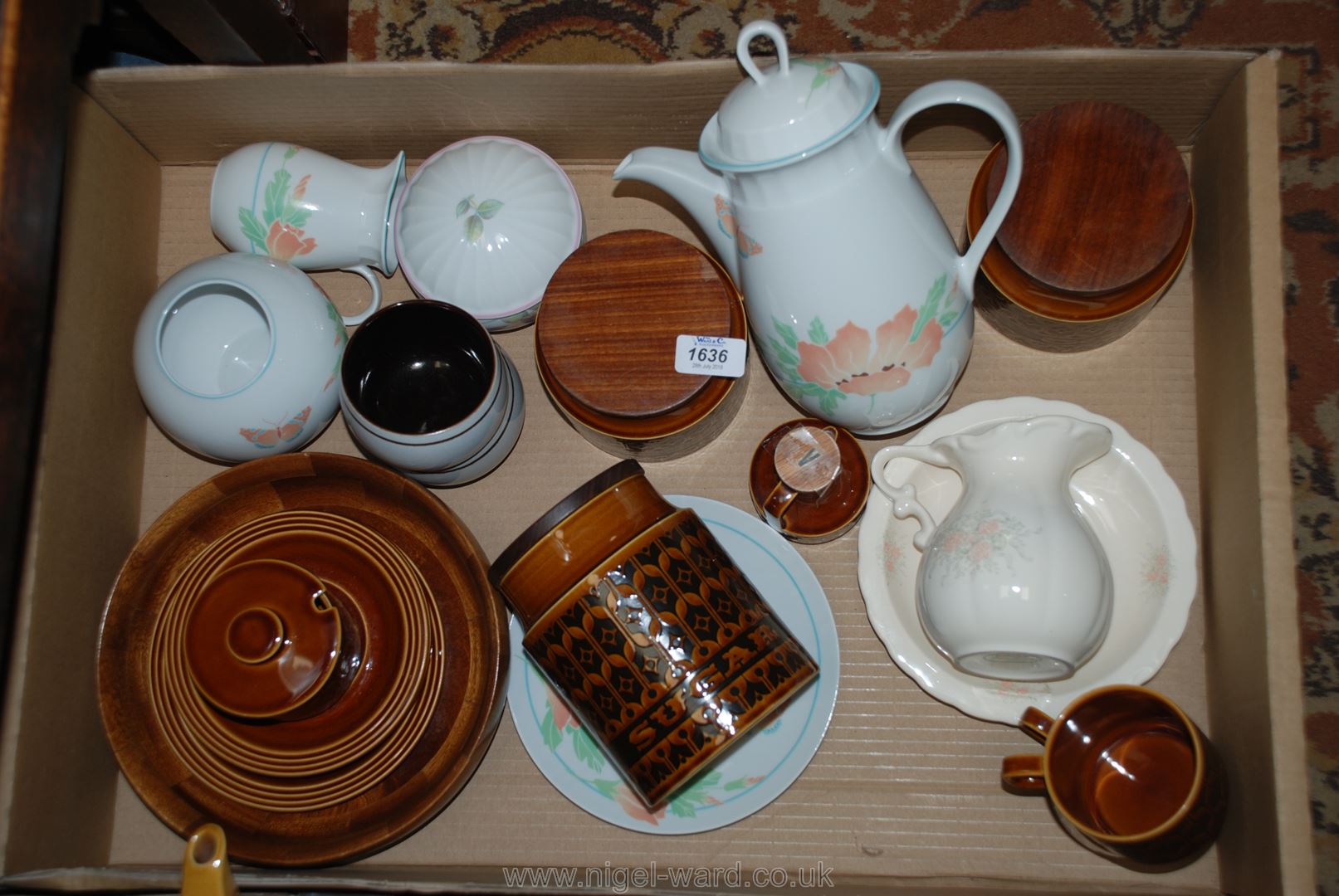 Three Hornsea lidded Canisters, vinegar pot, two cups and saucers together with a Denby coffee pot,