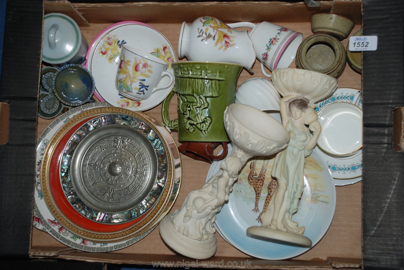 A box of decorative china and sundry items to include Pratt ware plates, cup and saucers,