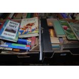 Two boxes of books to incl The over loaded Ark by Durrell, Robinson Crusoe, Niki Lauda,