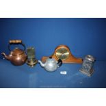 A quantity of metal items including Swan aluminium teapot, oak barometer,