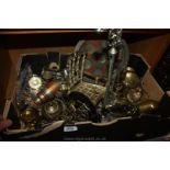 A quantity of mixed metals including horse brasses, scales, hand bell, rocking chair (a/f),