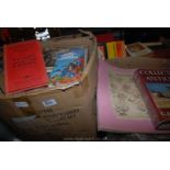 A box of books incl Gibbons Price catalogue from 1939 and a box of scrap books with paper cuttings,