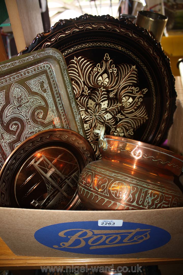 A quantity of Copper and Brass including three trays and two cauldrons