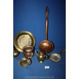 A quantity of brass and copper including a small bed warming pan, tray, small bucket,