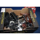A large quantity of photographic camera bodies and lenses and others and a part card of cell