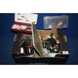 A box of fly fishing accessories to include fly tying vice, Intrepid rimfly reel with DT5/6F line,