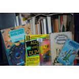 A box of books including Biggles,- biology, etc.